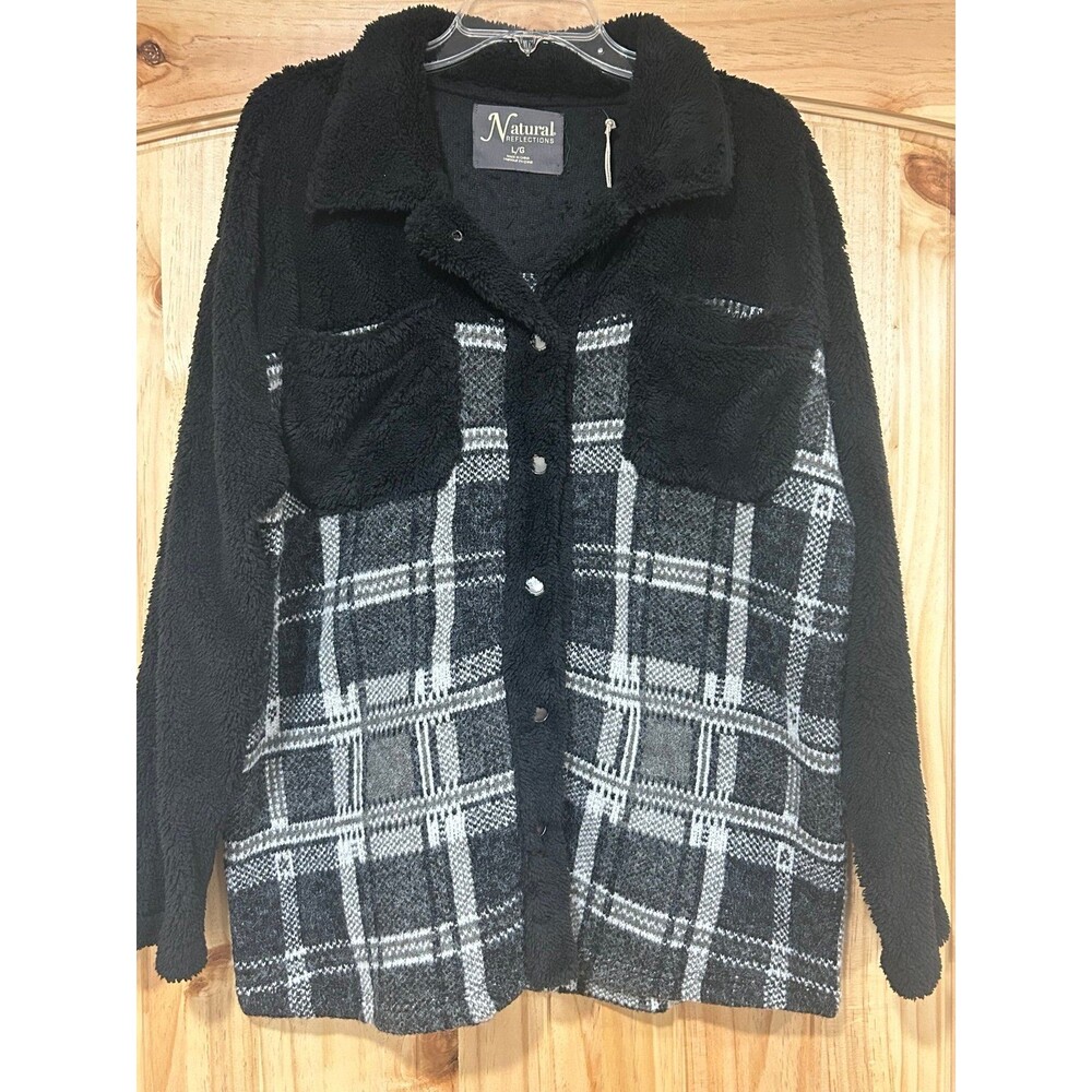 Natural Reflections Women’s Sherpa Cardigan NWT Black Grey Plaid Size Large